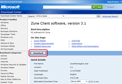 Zune Client software, version 3.1