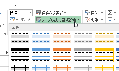 テーブルとして書式設定