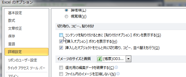 貼り付けオプションを非表示に設定