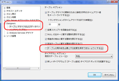 テーブルの再作成を必要よする変更を保存できないようにするのチェックを外す