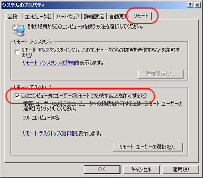 リモート - このコンピュータにユーザーがリモートで接続することを許可する