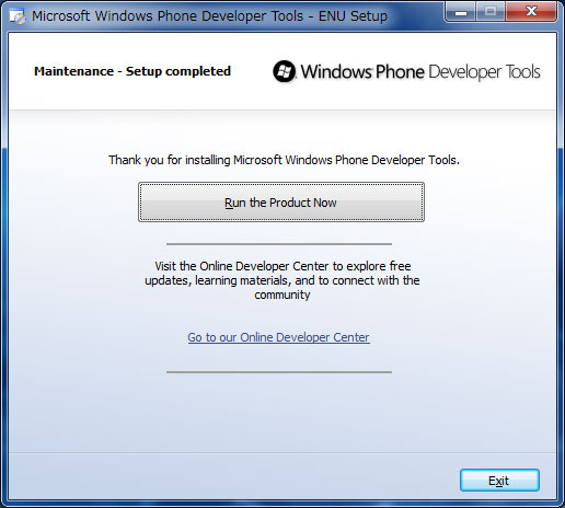Windows Phone Developer Tools インストーラー画面